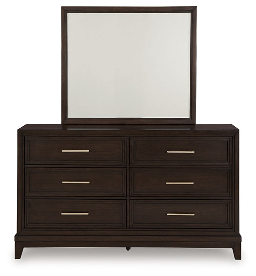 Neymorton Queen Upholstered Panel Bed with Mirrored Dresser, Chest and Nightstand