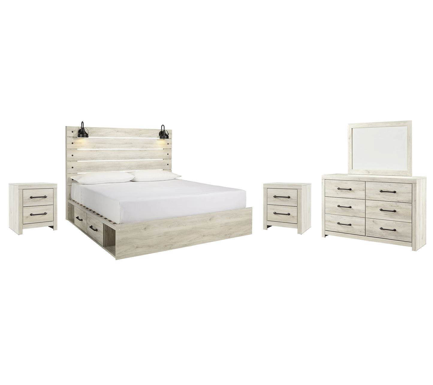 Cambeck King Panel Bed with 4 Storage Drawers with Mirrored Dresser and 2 Nightstands