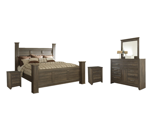 Juararo California King Poster Bed with Mirrored Dresser and 2 Nightstands