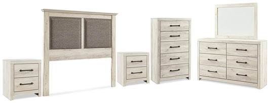 Cambeck King/California King Upholstered Panel Headboard with Mirrored Dresser, Chest and 2 Nightstands