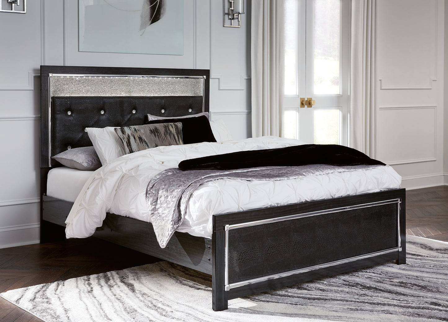 Kaydell Queen Upholstered Panel Bed with Mirrored Dresser and 2 Nightstands